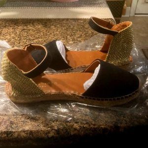Kurt Geiger London Manty Espadrille Black/Gold Suede Summer Sandal
